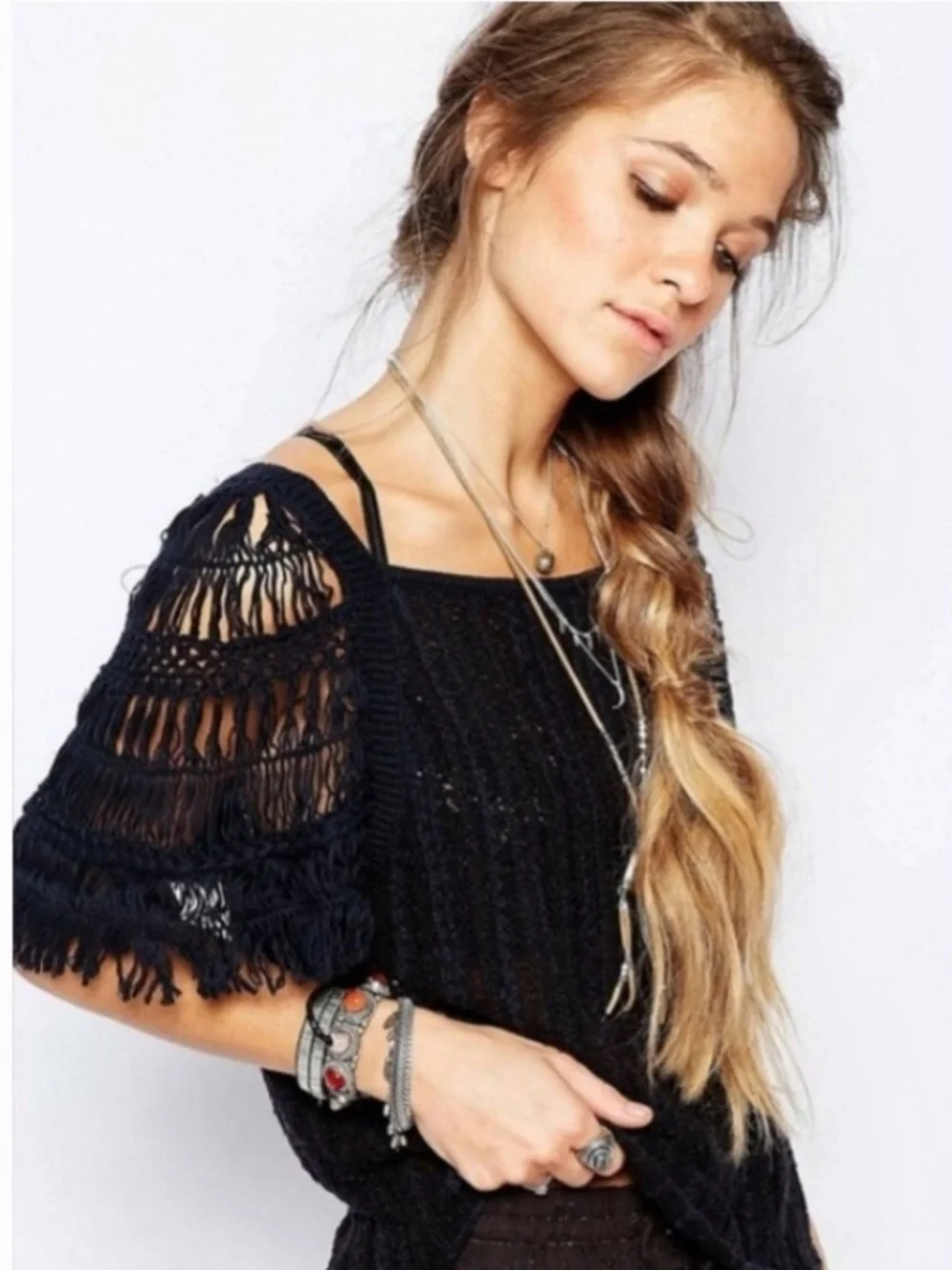 Free People Blackbird Crochet Macrame Top in indigo/black